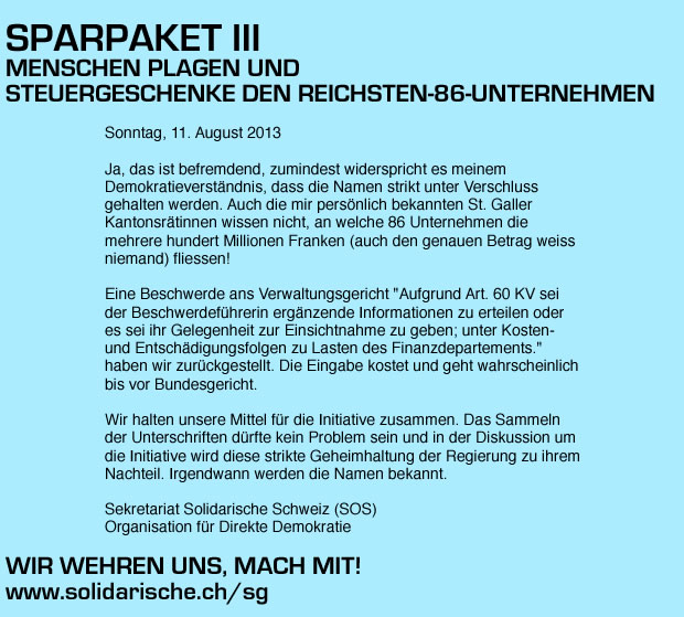 St. Gallen Steuerpaket III - Menschen plagen und Steuergeschenke den Reichsten-86-Unternehmen