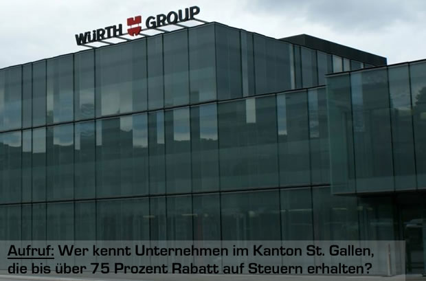 Aufruf: Wer kennt Unternehmen im Kanton St. Gallen, 
die bis über 75 Prozent Rabatt auf Steuern erhalten?