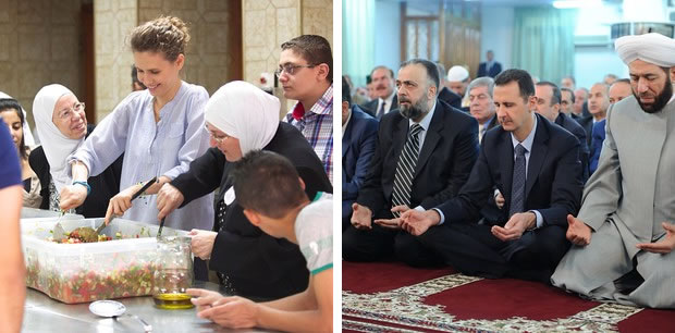 Ehefrau Asma al-Assad hilft in den mobilen Küchen; Baschar al-Assad ist gewählter Präsident von Syrien.