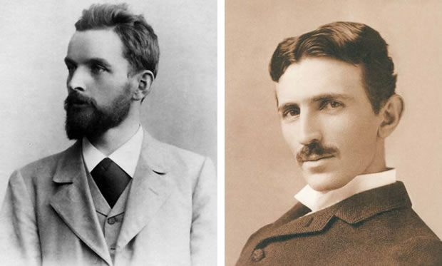 Silvio Gesell (links), Nikola Tesla (rechts)